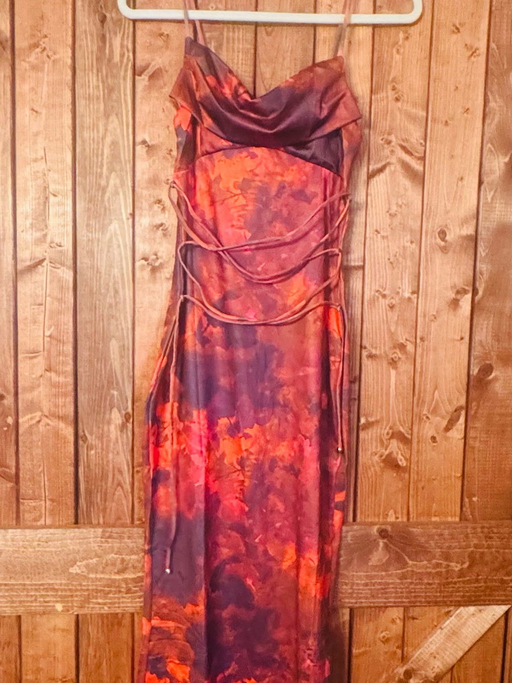 Satin Cowl Neck Slip Dress in Red-a Little Pink and Black  Tie-Dye